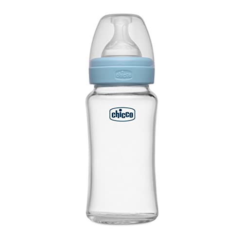 Chicco Well-Being Glass Feeding Bottle for Babies (240ml, Medium Flow) | Premium Borosilicate Glass for High Durability | Elongated Teat for Correct Latch | Comes with Anti-Spill Cap | BPA Free (Blue)