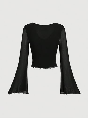 Verdusa Women's Knot Front Flare Bell Long Sleeve Lettuce Trim V Neck Mesh Crop Tee Top2