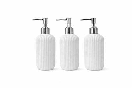 Image of LAGET 300ml Soap Dispenser for Wash Basin - Plane Ribbed Design | Kitchen and Bathroom Accessories Items | Refillable Handwash Dispenser Bottle- Set of 3 (White)