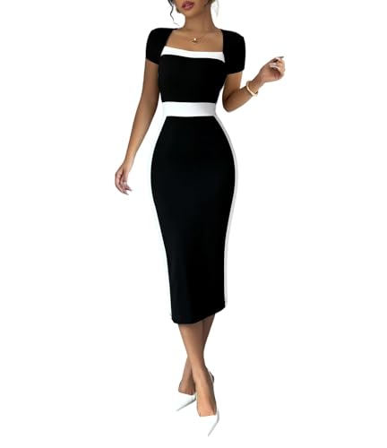 SOLY HUX Women's Pencil Midi Dress Short Sleeve Bodycon Elegant Business Dresses Cocktail Dresses Black and White Large
