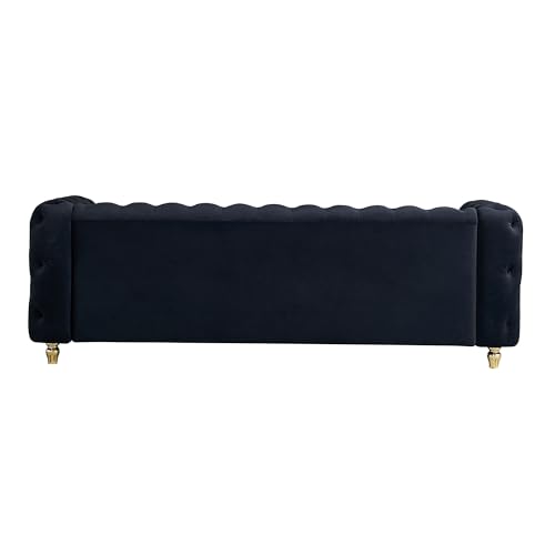 Image of KEIKI 86 inch Chesterfield Velvet Button Tufted Sofa with High Density Foam Cushions and 2 Toss Pillows, Modern Style 3-Seater Couch with Gold Strip Trim Decoration, Easy Assembly, for Living Room, Black