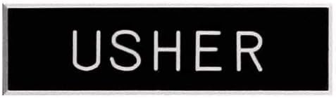 Engraved Badge-Usher-Pin Back (5/8 x 2 inches)-Black Plastic-Package of 1