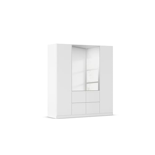 Rauch Möbel Bristol, Drehtürenschrank, Kleiderschrank, Schrank, Garderobe, 4-türig, 4 Schubladen, Spiegel, Farbe Weiß, Griffprofil Weiß, Push-to-Open, 181x197x54cm