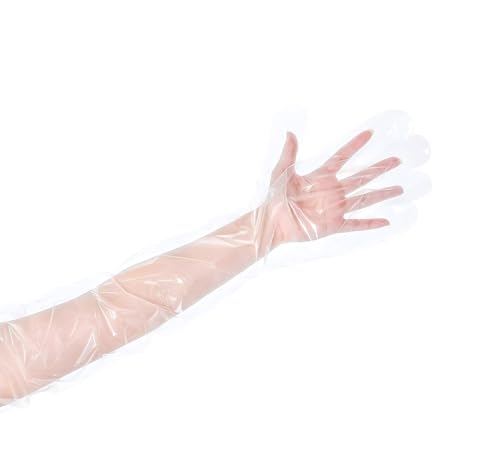 frymmx 100pcs Long Disposable Plastic Gloves for Cleaning - Elbow Length Durable Plastic Gloves, Long Sleeve Protective Gloves for Medical, Farm & Household Cleaning
