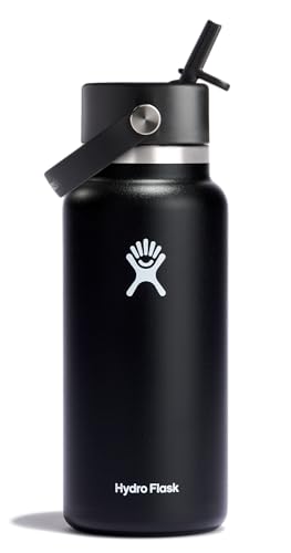 Hydro Flask Water Bottle - Insulated Stainless Steel - Wide Straw Lid, Non Spill, Leakproof in 32 Oz Black