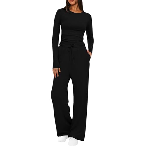 Mobeur Womens Tracksuit Set Two Piece Outfits Stretch Long Sleeve Crop Top and Drawstring Elastic Waist Wide Leg Trouser Solid Color Lounge Sets Y16k Outfits Ladies Yoga Trousers Suit