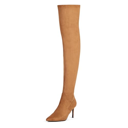 Elisabet Tang Thigh High Boots Over the Knee Boots for Women,Sexy 4.3 inch Stilettos High Heels Boots Stretch Suede Long Pointed Toe Shoes