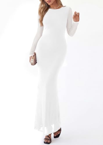 PRETTYGARDEN Women's Mesh Long Sleeve Bodycon Maxi Dress,White,M — view 5