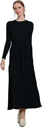 Image of Women's Long Sleeve Sweater Dress Ankle Length Fall Dress Vneck Knit Winter Dress