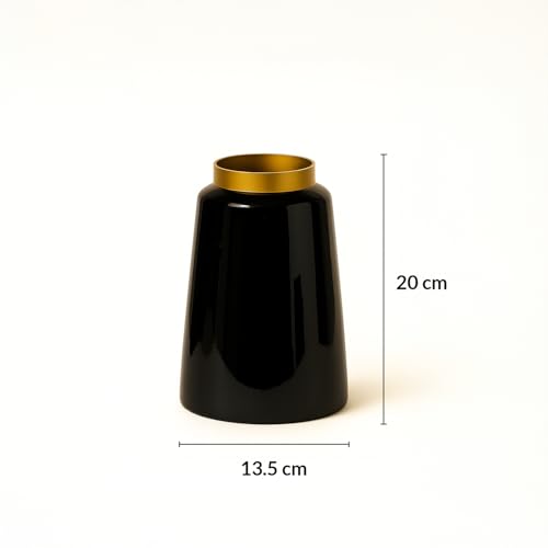 Image of Market99 Metal Flower Holder | Vase, Plant Pot, Black Cylindrical Vase with Gold Ring Design & Glossy Texture | Home Decor Accent for Living Room, Office, Table Centerpiece & Gifting