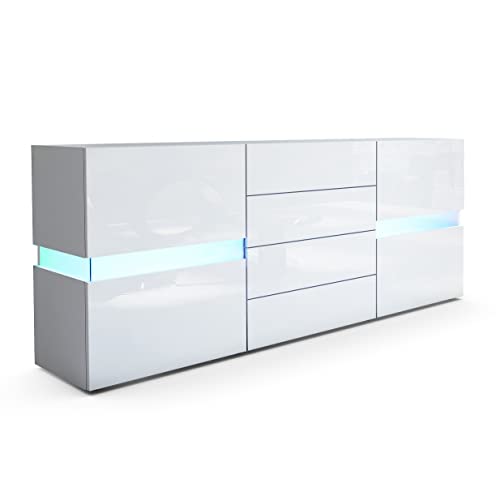 Vladon Sideboard Kommode Flow, Korpus in Weiß matt/Front in Weiß Hochglanz inkl. LED Beleuchtung