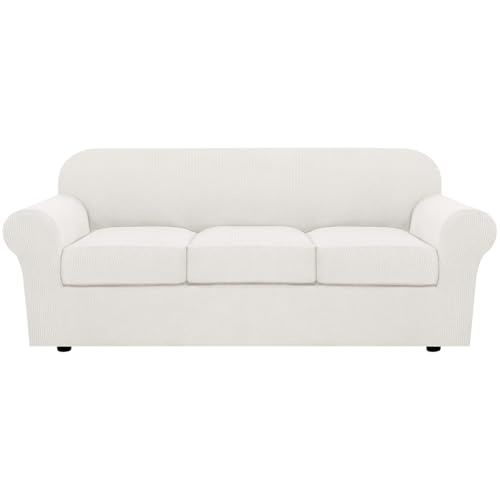 H.VERSAILTEX 4 Piece Stretch Sofa Covers for 3 Cushion Couch Covers for Living Room Furniture Slipcovers (Base Cover Plus 3 Seat Cushion Covers) Thicker Jacquard Fabric (Large Sofa, Porcelain White)