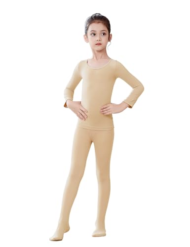 DanceDaily Girl Nude Base Layer Set Kid Ballet Warm up Sets Kids Thermal Tops & Pants for Dance, Performance, Daily in Winter