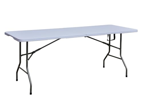 Jet-Line® Mesa de jardín, plegable, 180 x 70 x 74 cm, resistente a la intemperie, portátil, plástico, jardín, terraza, camping, mesa plegable, mesa de camping, mesa de buffet, color blanco