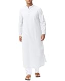 LVCBL Long Caftan for Men V Neck Arab Kaftan Robe Button Down Side Split Long Gown,White,XL