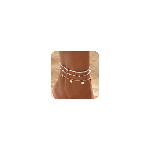 Image of BERISO 14K Gold Anklets for Women, Waterproof Pearl Beads Rhinestone Anklets Set, Layered Anklet Bracelets for Women, Gold Jewelry