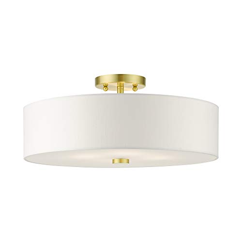 Image of Livex Lighting 51055-12 4-Light Semi Flush Ceiling Light, Satin Brass | Off-White Hardback Fabric Shade