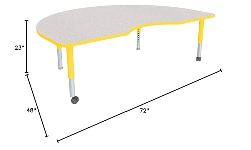 Image of Sprogs Adjustable Height Mobile Classroom Activity Table for Preschools, Kidney Preschool Activity Table with Casters, 48 inch L x 72 inch W x 23 inch H, Gray /Yellow
