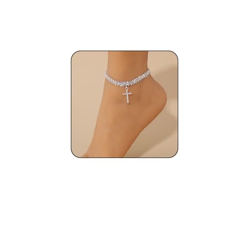 Image of Silver Anklets for Women Shiny Tennis Anklet Silver Adjustable Rhinestone Ankle Bracelets Waterproof Beach Anklets Bracelet for Women Foot Jewelry for Summer