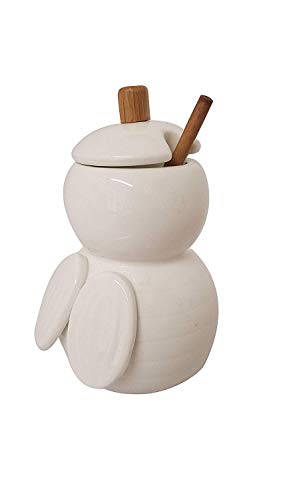 Ceramic Bee Honey Pot with Wood Dipper - White Honey Jar with Wooden Honey Dipper - 12oz Honey Container with Dipper - (4