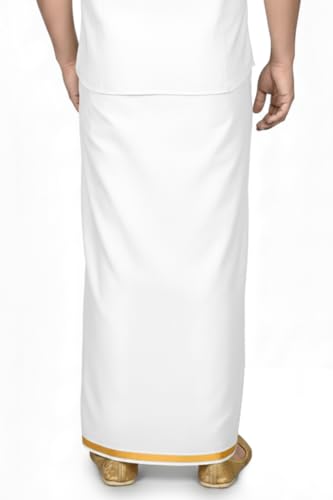 Image of TUNI MANI Men's South Indian Traditional Readymade Polyester Welcro Dhoti With side Pocket | Adjustable for all Size (28 inch-44 inch inches)