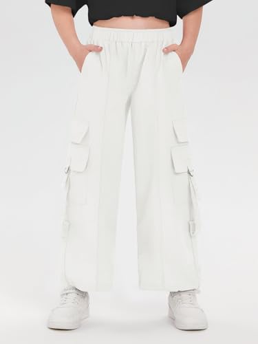 Image of Haloumoning Girls Parachute Pants Kids Wide Leg Cargo Pants Y2K Street Trousers with Pockets 5-14 Years