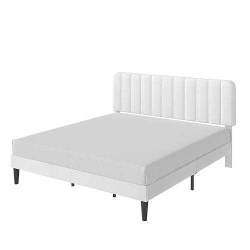 Image of VECELO King Size Bed Frame with Upholstered Headboard, Velvet Platform Bedframe Mattress Foundation, Strong Wood Slat Support, No Box Spring Needed,White
