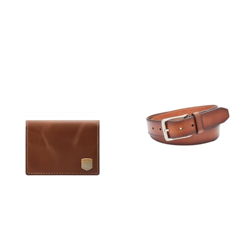 FOSSIL Portefeuille Homme Cuir Hayes Marron et Ceinture Griffin Set Accessoires