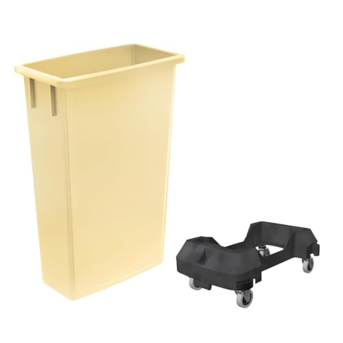 23 Gallon Slim Trash Can with Dolly, Heavy-Duty Wheeled Waste Bin, Commercial Rolling Recycle Container, Durable Plastic Garbage Can for Restaurants, Offices, Garages, Kitchens, Homes - Beige