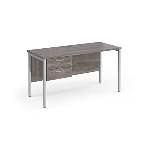 Mr Office Maestro 25 straight desk 600mm deep with 2 drawer pedestal - silver H-frame leg, 1400, Grey oak