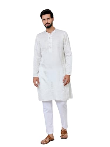 Image of See Designs Men's Full Sleeve Mandarin Collar Floral Embroidered Mandarin Collar Thread Work Straight Long Kurta with Pyjama - Festive Collection