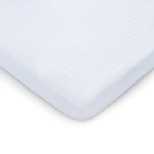 Image of Comfy Cubs Muslin Bassinet Sheet - 100% Soft Cotton Fabric, Breathable & Gentle for Baby’s Sensitive Skin - Universal Fit with Secure Elastic Edging, Gift-Ready Packaging - White
