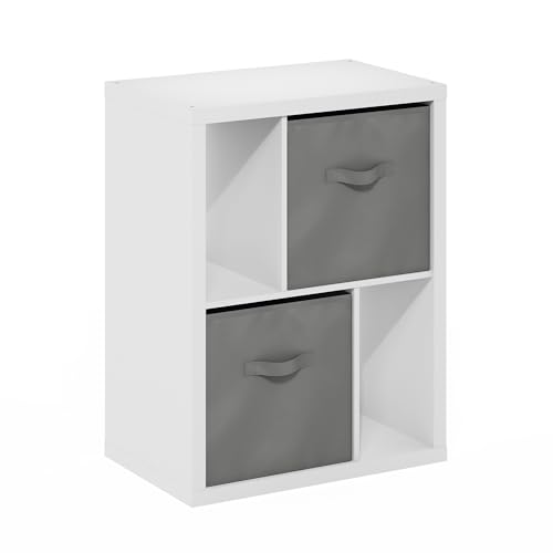 Image of Furinno Viola Storage Shelf, 2-Tier Printer Stand, White | 2 Drawer Bins, 1.2-inch Extra Thick Frame Bookshelf, Reversible Display Rack, for Organization, Living Room, Home Office