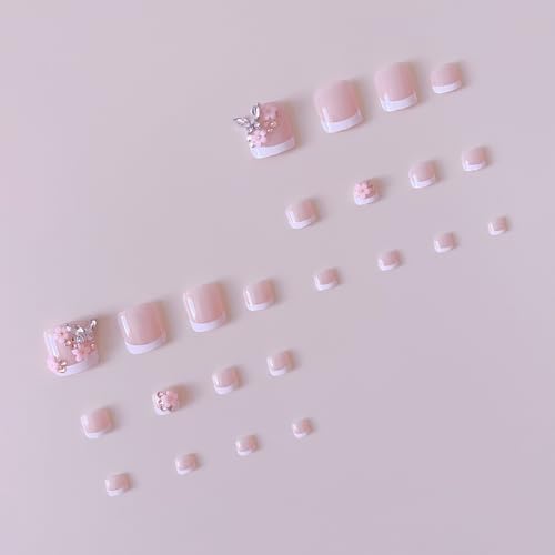 Image of Summer Press on Toenails Flower Fake Toenails Square False Nails Butterfly with Design White French Tip Glue on Toenails Glossy Artificial Acrylic Full Cover Stick on Toes for Women Manicure 24Pcs