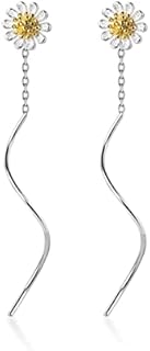 SLUYNZ 925 Sterling Silver Dangle Earrings Chain Daisy Earrings for Women Girls Daisy Flowers Drop Tassel Earrings Threader Helix Gift