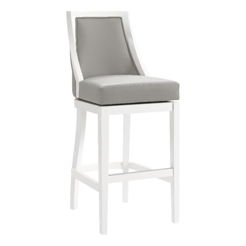Image of Ellie Bar Height Stool with Backrest - Light Gray Upholstered Seat, White Rubberwood Frame, 360 Memory Return Swivel, and Metal Kick Plate - Modern Kitchen & Home Bar Seating by Alaterre Furniture