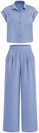 PRETTYGARDEN Womens Short Sleeve Button Down Shirt Long Pant Lounge Set