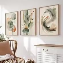DIHANSM Abstrakte Aquarell-Wandkunst in Beige und Graugrün, Pflanzen- und geometrische Muster, japanische Wabi-Sabi Zen-Wanddekoration (70 x 100 cm x 3/ungerahmt)