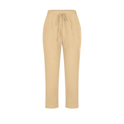 Image of ABABC Linen Capri Pants for Women Casual Straight Wide Leg Capri Pant Loose Lightweight Drawstring Beach Cropped Trousers
