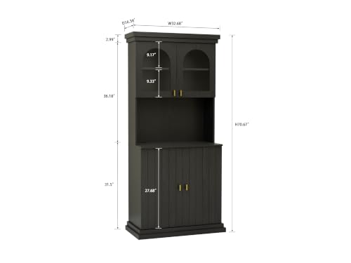 Image of ivaniti 71 inch Arched Kitchen Pantry Cabinet with 3 Drawers, Black Freestanding Storage Hutch with Open Shelves and Gold Handles for Kitchen, Dining Room