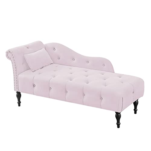 Quul Velvet Chaise Lounge Button Tufted Nail Head Trim Solid Wood Legs W 1 Pillow 60.6" L X 27.50" W X 28.30" H #TOP27