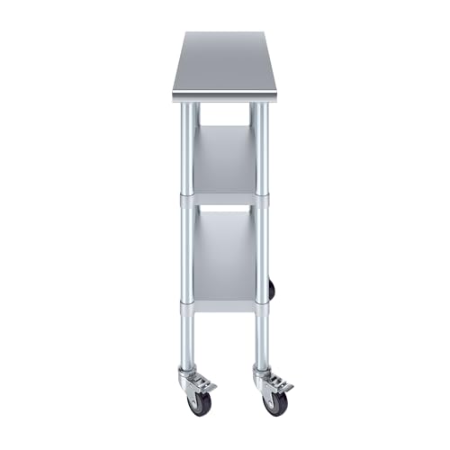 Image of AmGood Stainless Steel Work Table with 2 Shelves and Casters | Metal Utility Table On Wheels (Stainless Steel Work Table with 2 Shelves + Casters, 12 inch Long x 30 inch Deep)