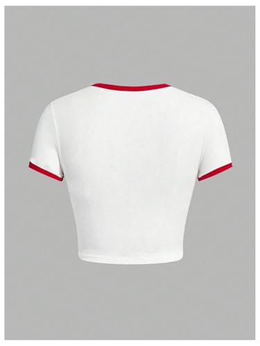 WDIRARA Girl's Cherry Graphic Contrast Trim T Shirt Crew Neck Short Sleeve Tee Y2k Crop Top2