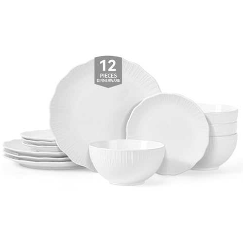 Plates and Bowls Sets for 4 - CJDC-QUELO 12 Piece Porcelain Dinnerware Sets, Ceramic Dishware Sets for Kitchen Dining Use, Chip and Scratch Resistant Microwave Dishwasher Safe, White
