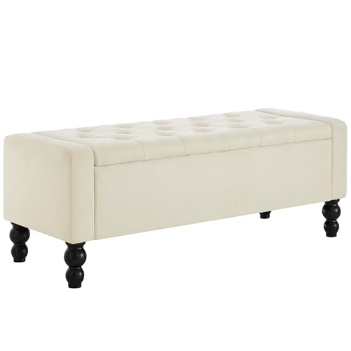 Image of 50 inch W Storage Ottoman Bench with Safety Hinge, Load up to 660 lb Ottoman with Storage, Upholstered Tufted Entryway Bench with Seating for Living Room, Bedroom, (Beige)