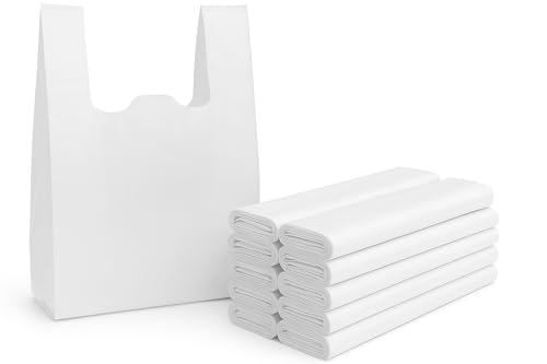 [50 Count] White Plastic T-Shirt Bags with Handles – HDPE Heavy Duty 26 Micron 11