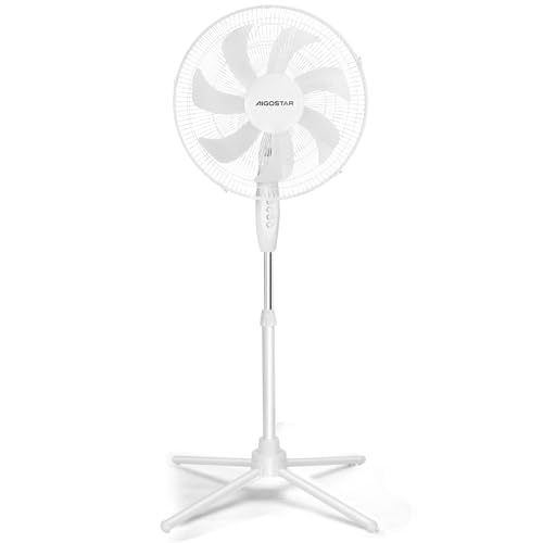 Aigostar Standventilator mit 7 Flügeln, leise 55W Ventilator (41 cm Ø), höhenverstellbar 108-130cm, 70° oszillierend, 3 Geschwindigkeiten, Windmaschine für Schlafzimmer & Büro, Weiß