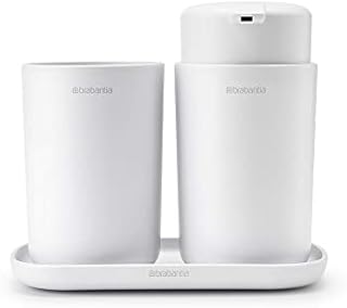 Brabantia ReNew 3 Piece Bathroom Accessory Set (White) Refillable Handwash Soap Dispenser, Toothbrush Holder & Tray