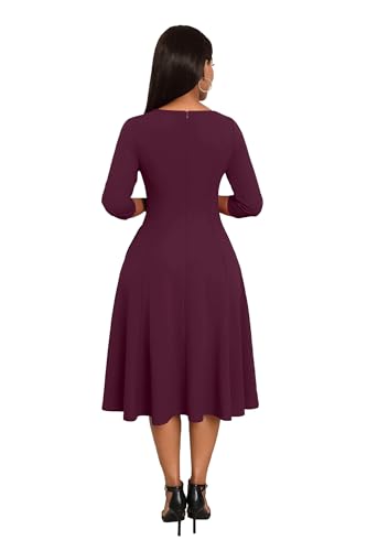 Image of Nmoder Midi Dresses for Women A-Line Fit and Flare Dress 3 /4 Sleeve V Neck Cocktail Wedding Guest Work Dress with Pockets