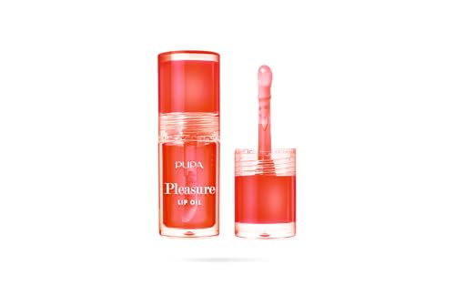 Pupa Gloss Pleasure Lip Oil, elixir de labios, acabado brillante con efecto 3D extra cuidado, disponible en 4 variantes de color y tratamiento (003 Yummy Strawberry, aroma a fresa)